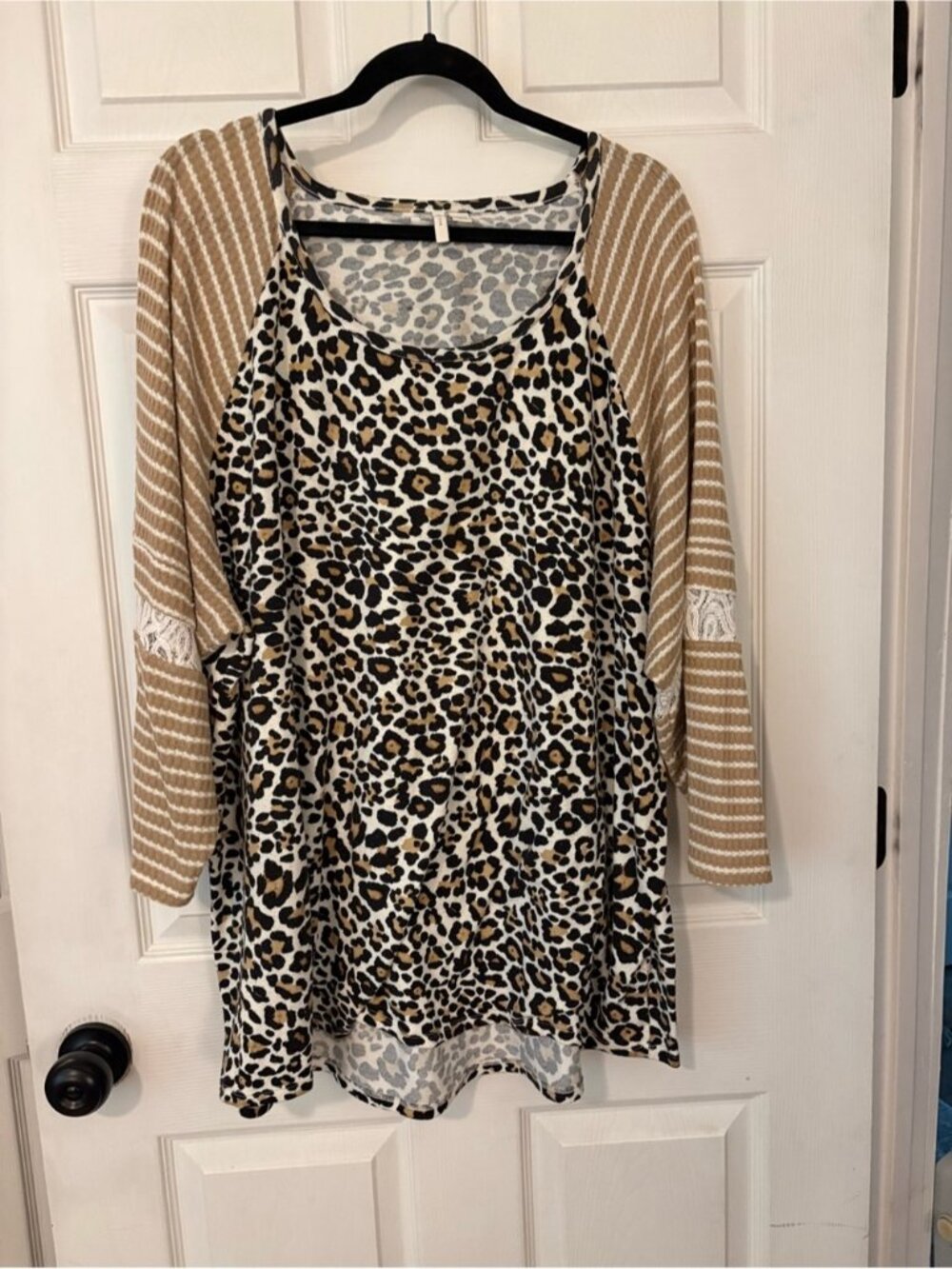 Leopard Print Raglan Tunic with Tan Striped Sleeves